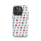 Phone case with nautical pattern featuring anchors, whales, and octopuses on a white background