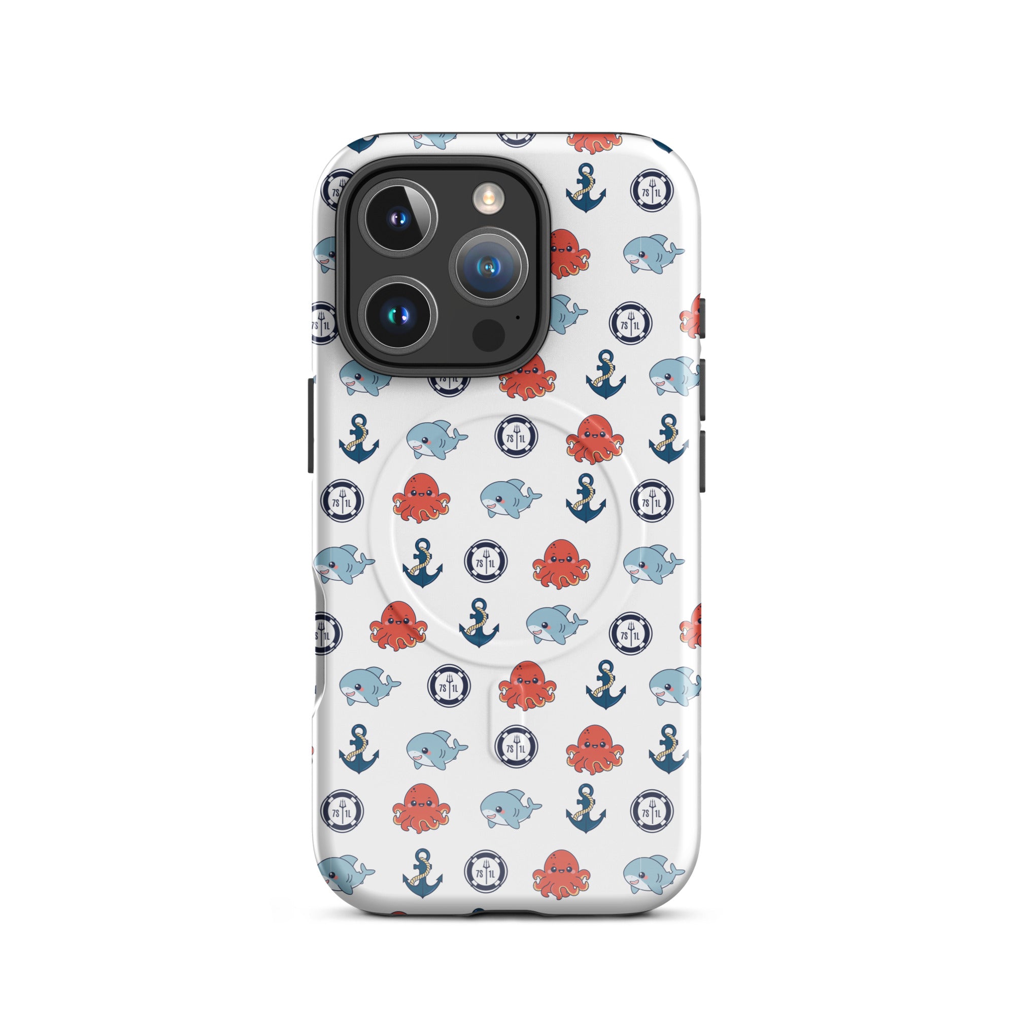 Phone case with nautical pattern featuring anchors, whales, and octopuses on a white background