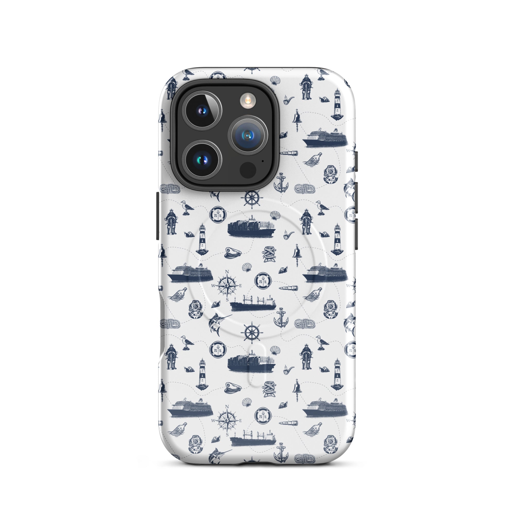 iPhone case with navy lexury nautical pattern on a white background