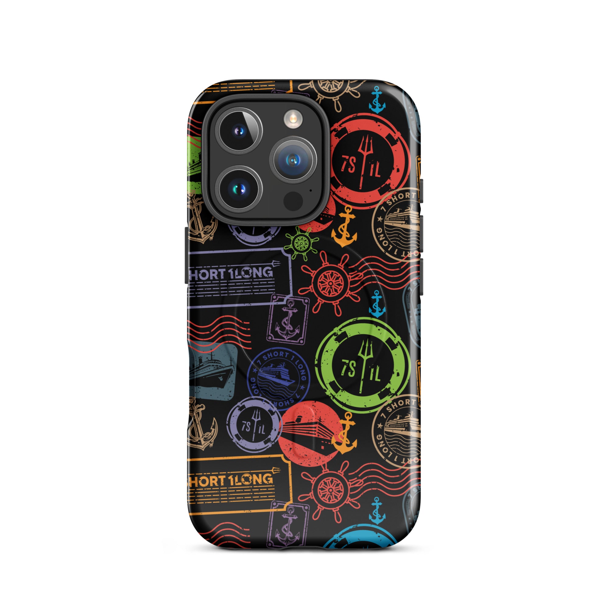 iPhone case with passport stamps and  black background