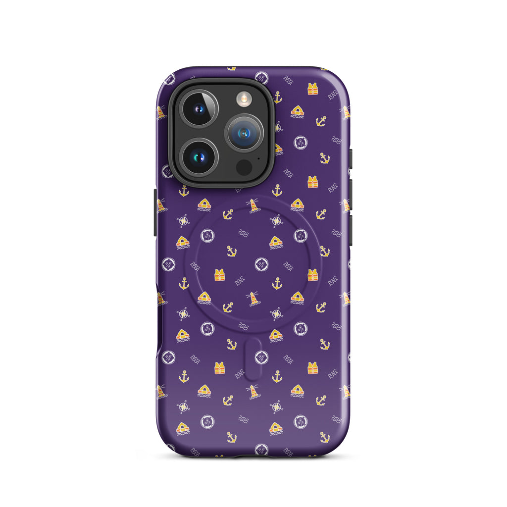 Purple phone case with a pattern of anchors and other nautical symbols on a white background