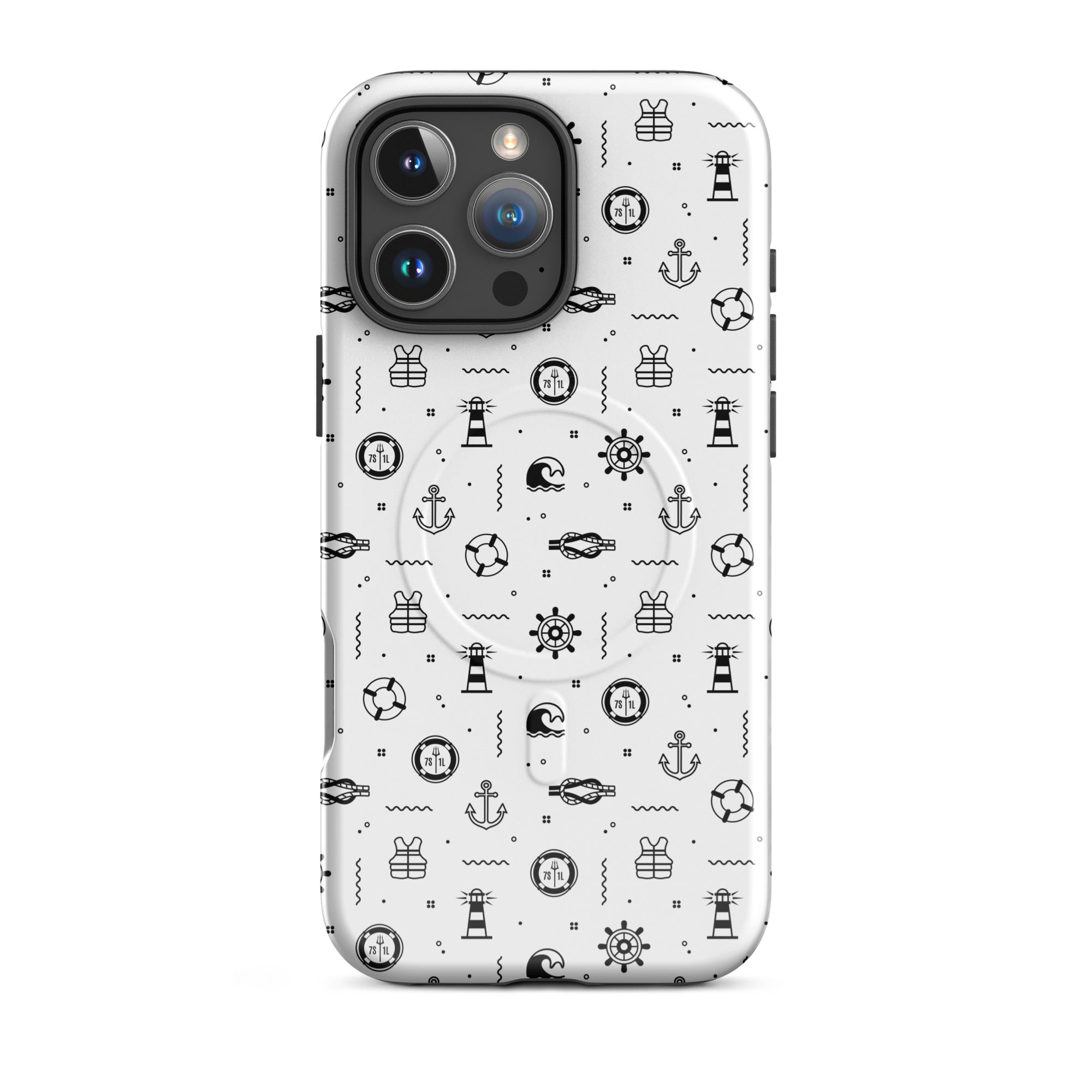 iPhone case in white with black maritime pattern