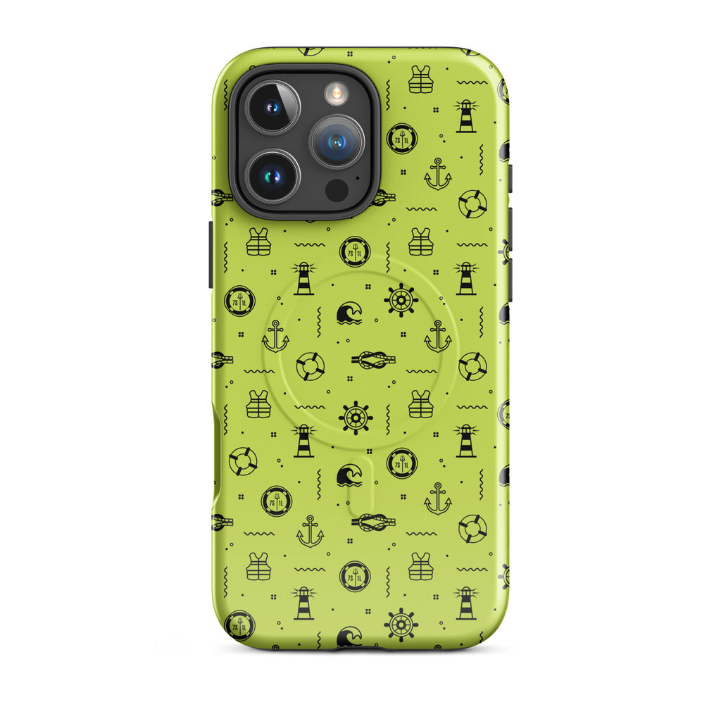 IPhone case with black pattern on a lemon green background