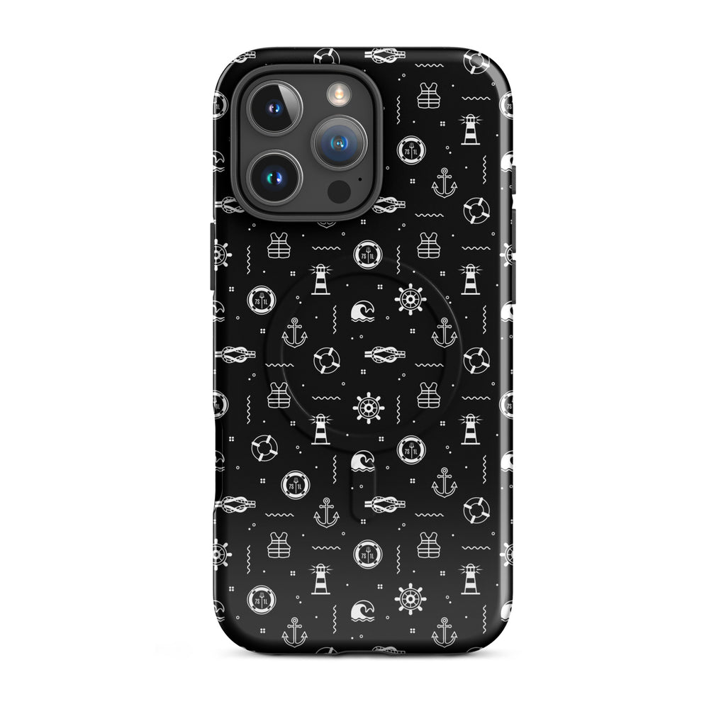 iPhone case with maritime pattern on a black background