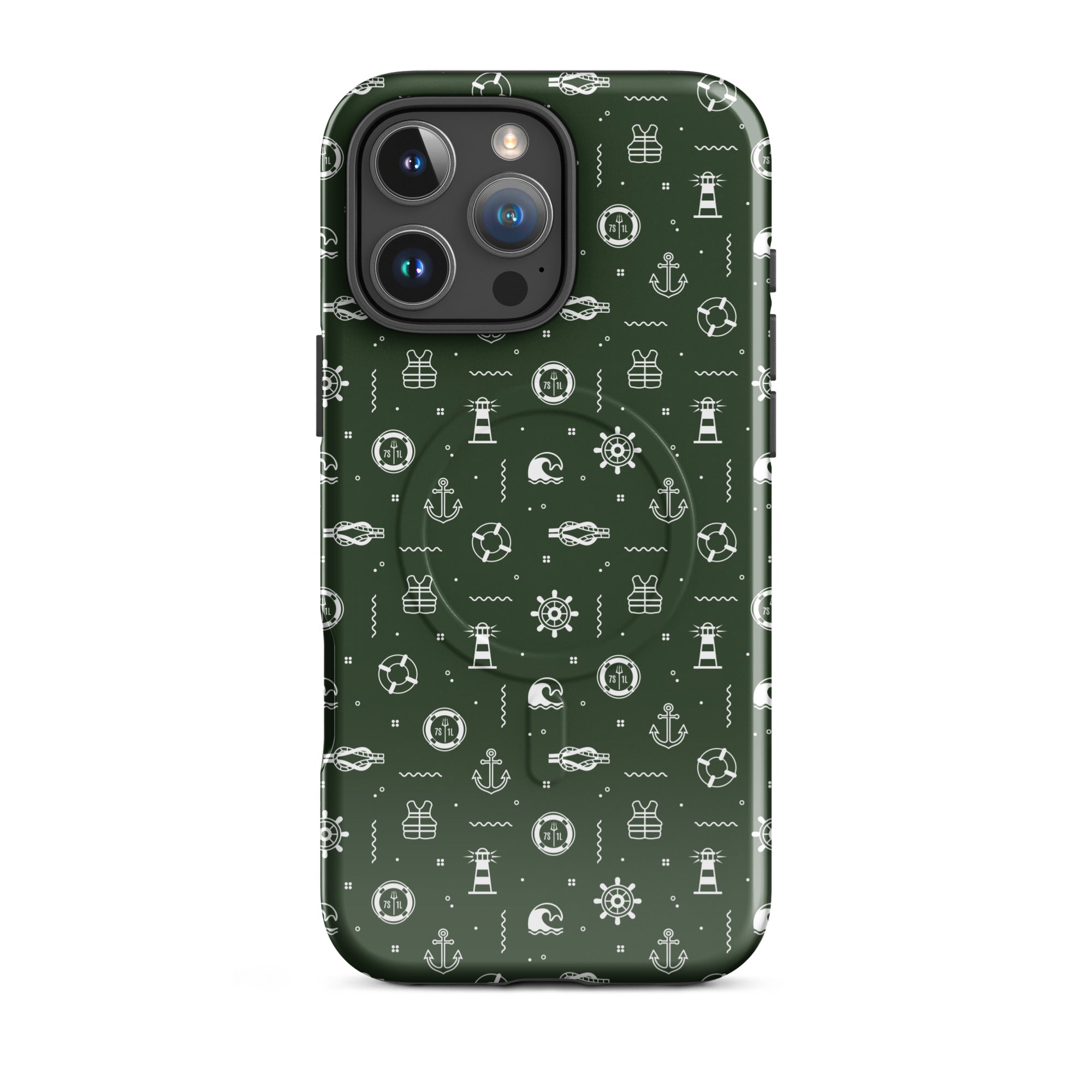 iPhone case with maritime pattern on a green background