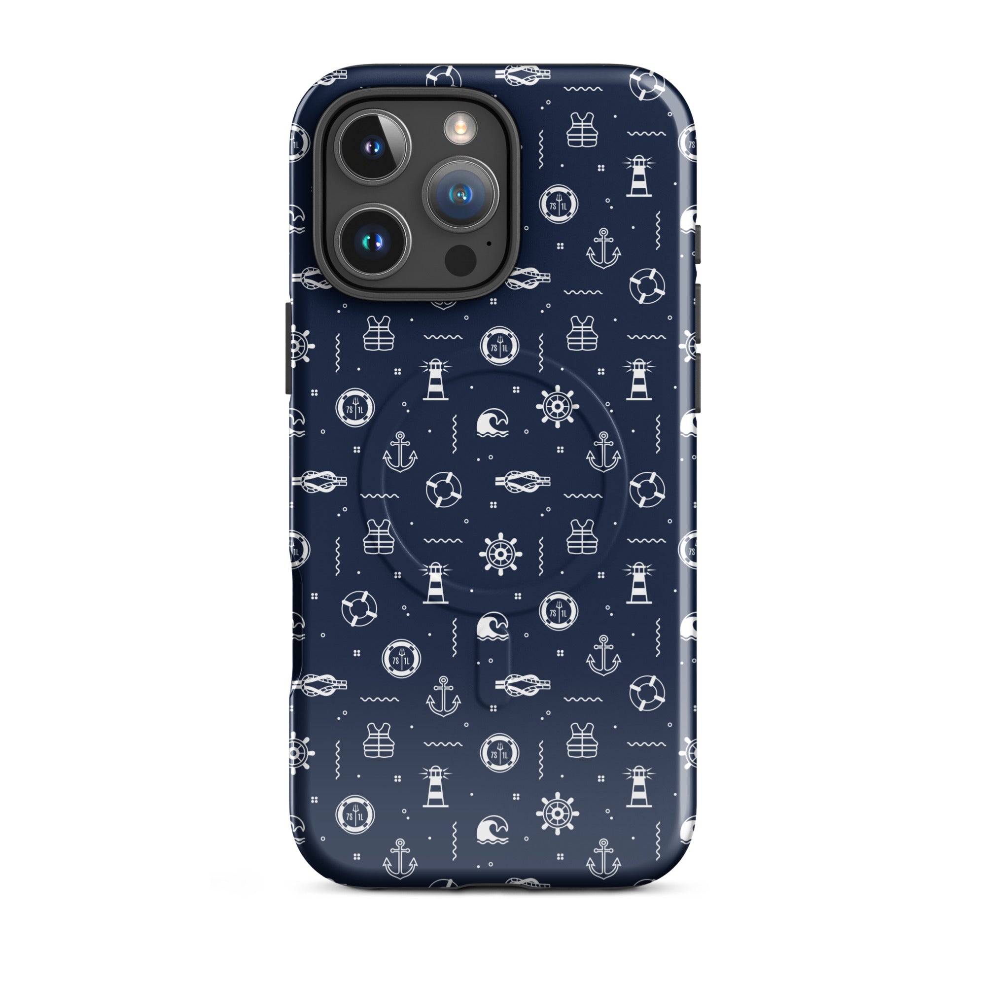 Phone case with nautical pattern on a blue background