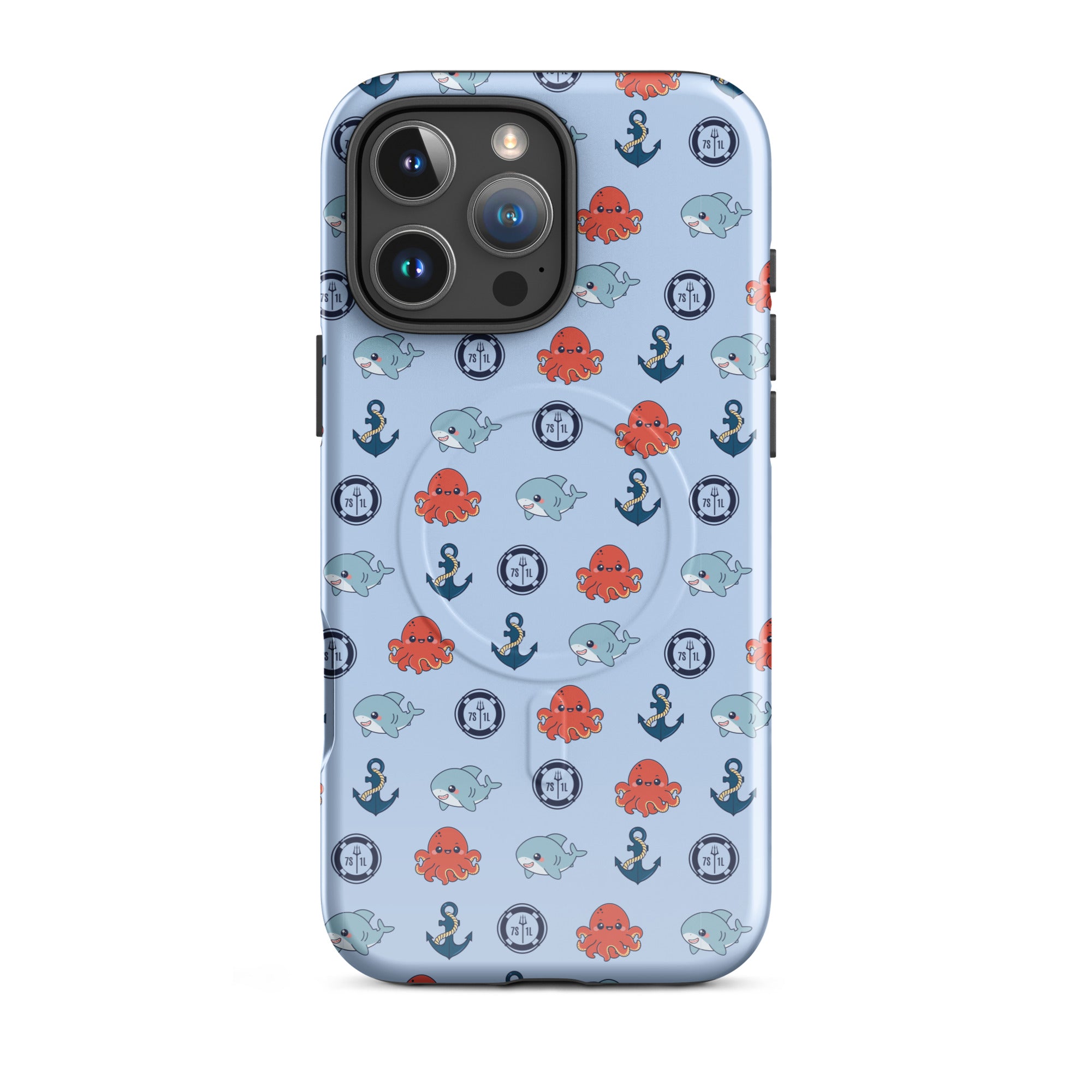 Cute Ocean Party iPhone Case sky blue with baby shark and baby octopus