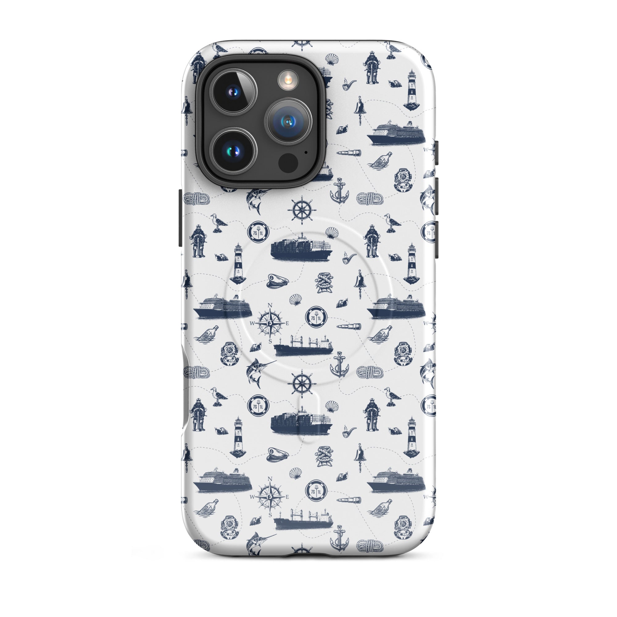 iPhone case with navy lexury nautical pattern on a white background