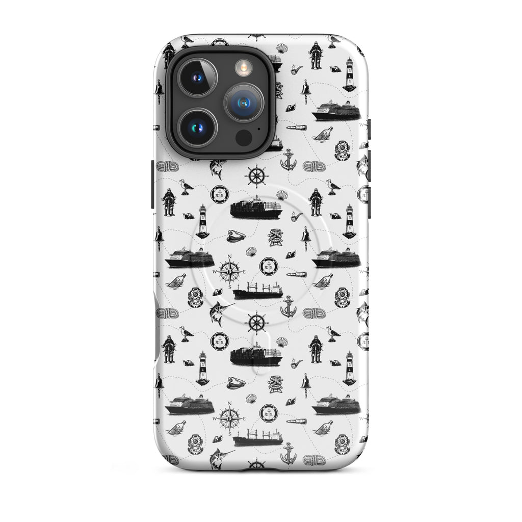 Luxury cruise iPhone case with black and white maritime pattern on a cruise ship