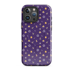 Purple phone case with a pattern of anchors and other nautical symbols on a white background