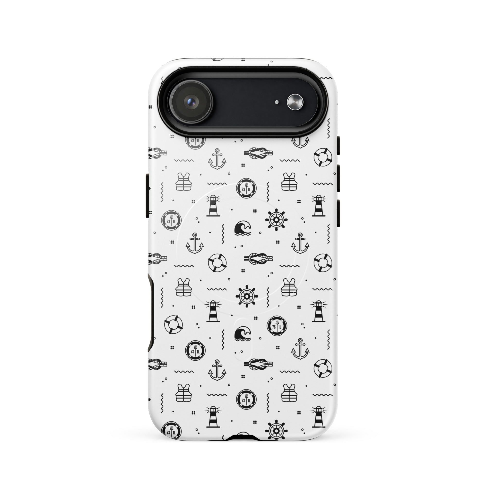iPhone case in white with black maritime pattern
