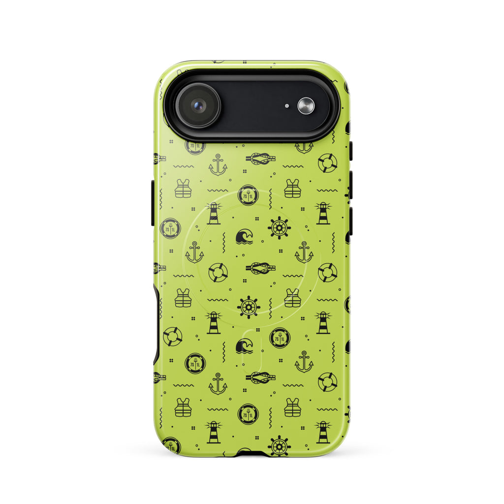 IPhone case with black pattern on a lemon green background