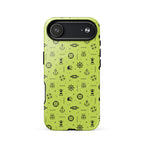 IPhone case with black pattern on a lemon green background