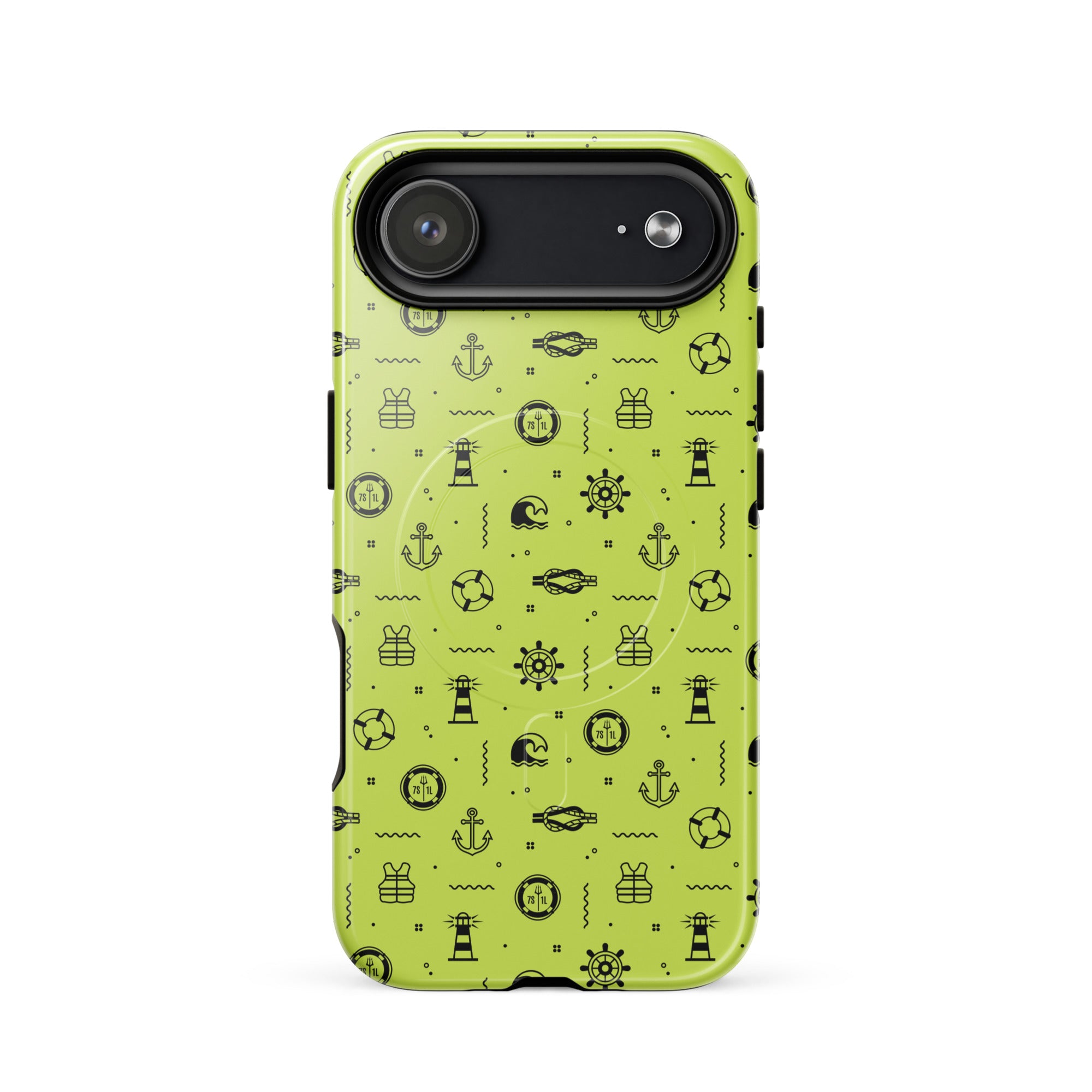 IPhone case with black pattern on a lemon green background