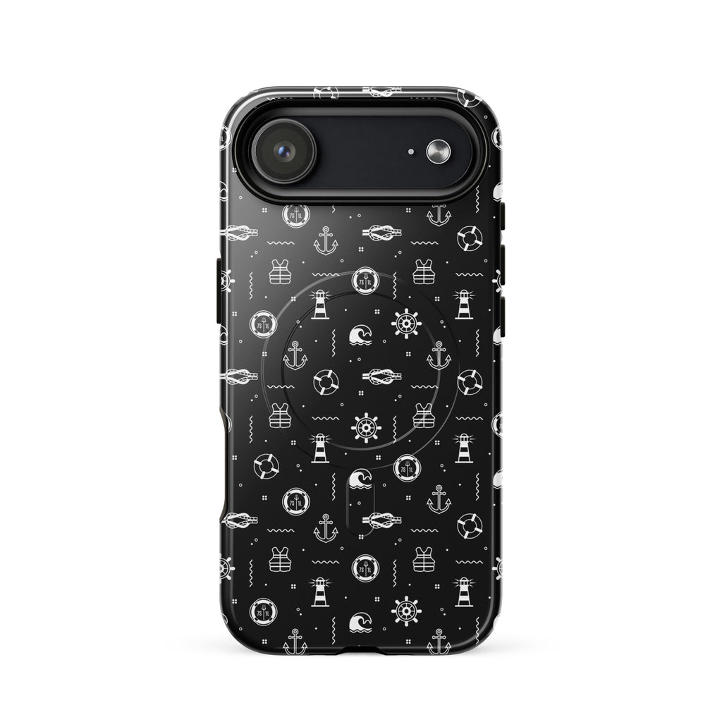 iPhone case with maritime pattern on a black background