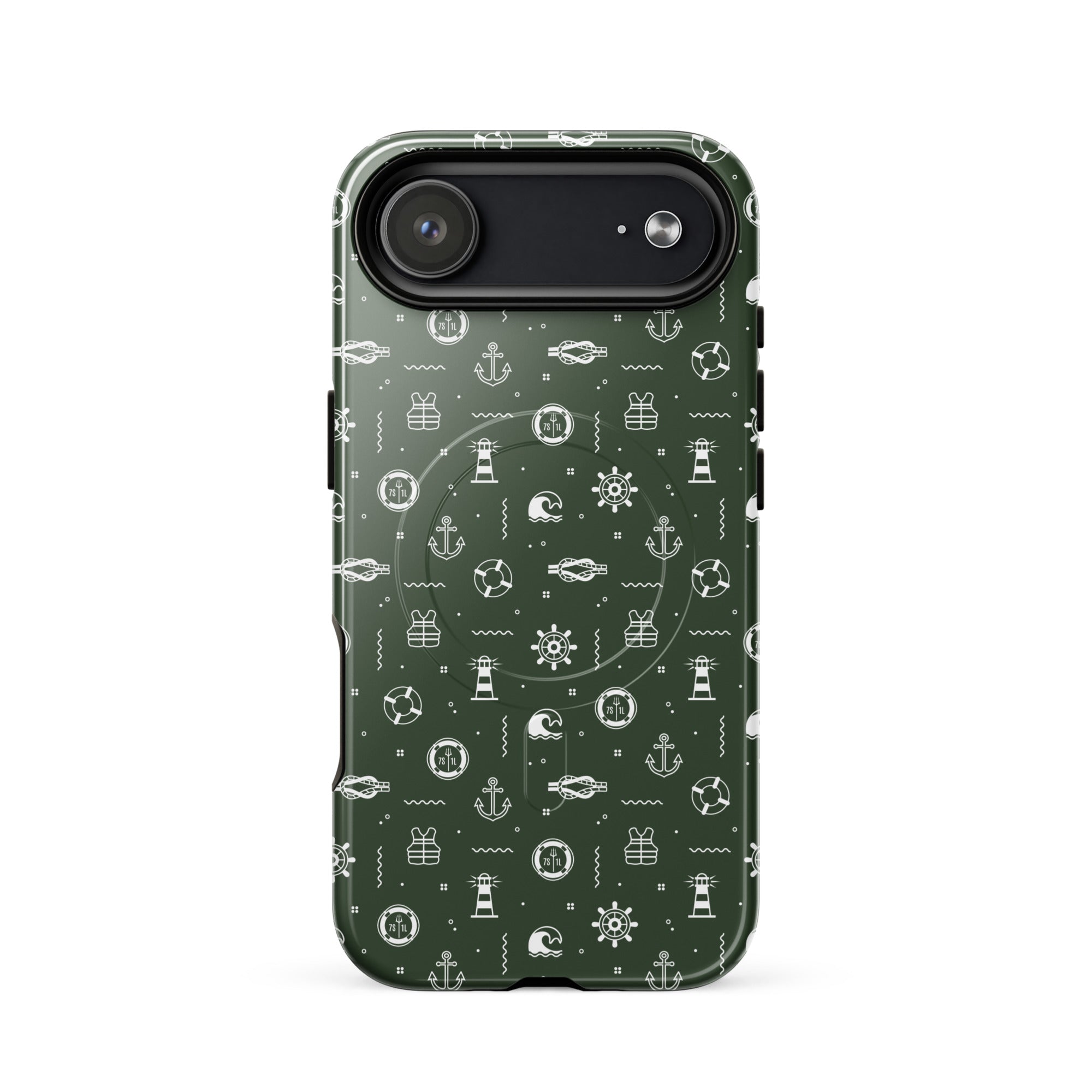 iPhone case with maritime pattern on a green background