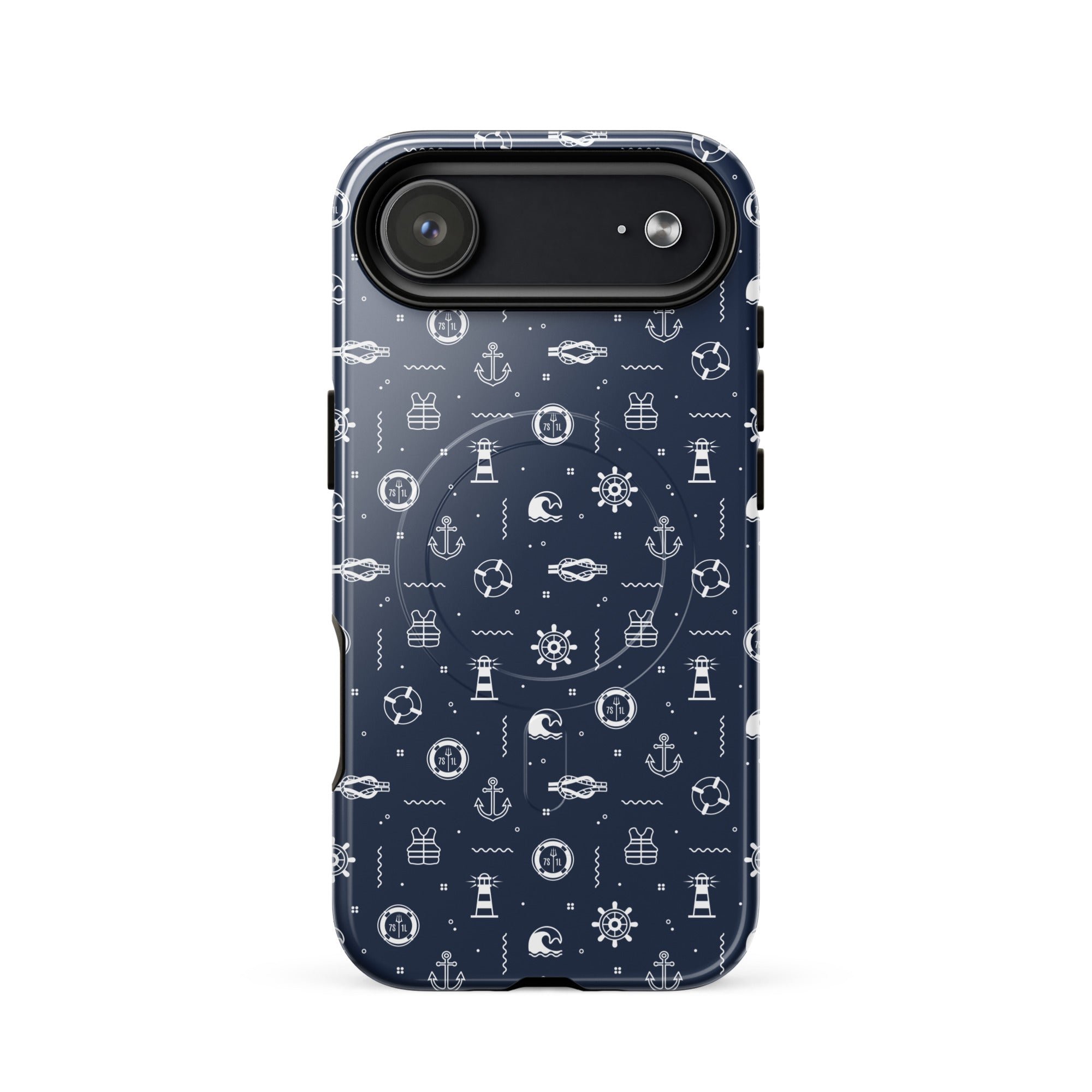Phone case with nautical pattern on a blue background