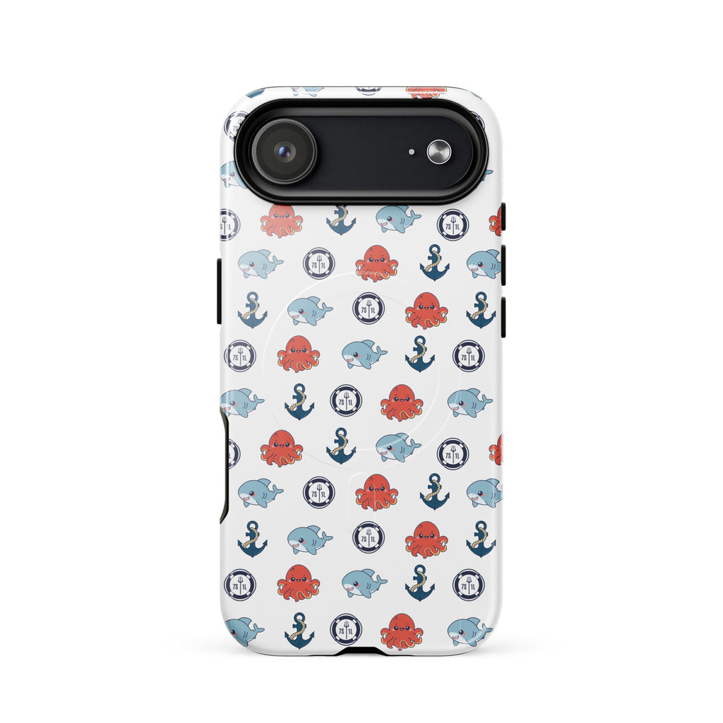 Phone case with nautical pattern featuring whales, anchors, and octopuses on a white background