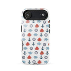 Phone case with nautical pattern featuring whales, anchors, and octopuses on a white background