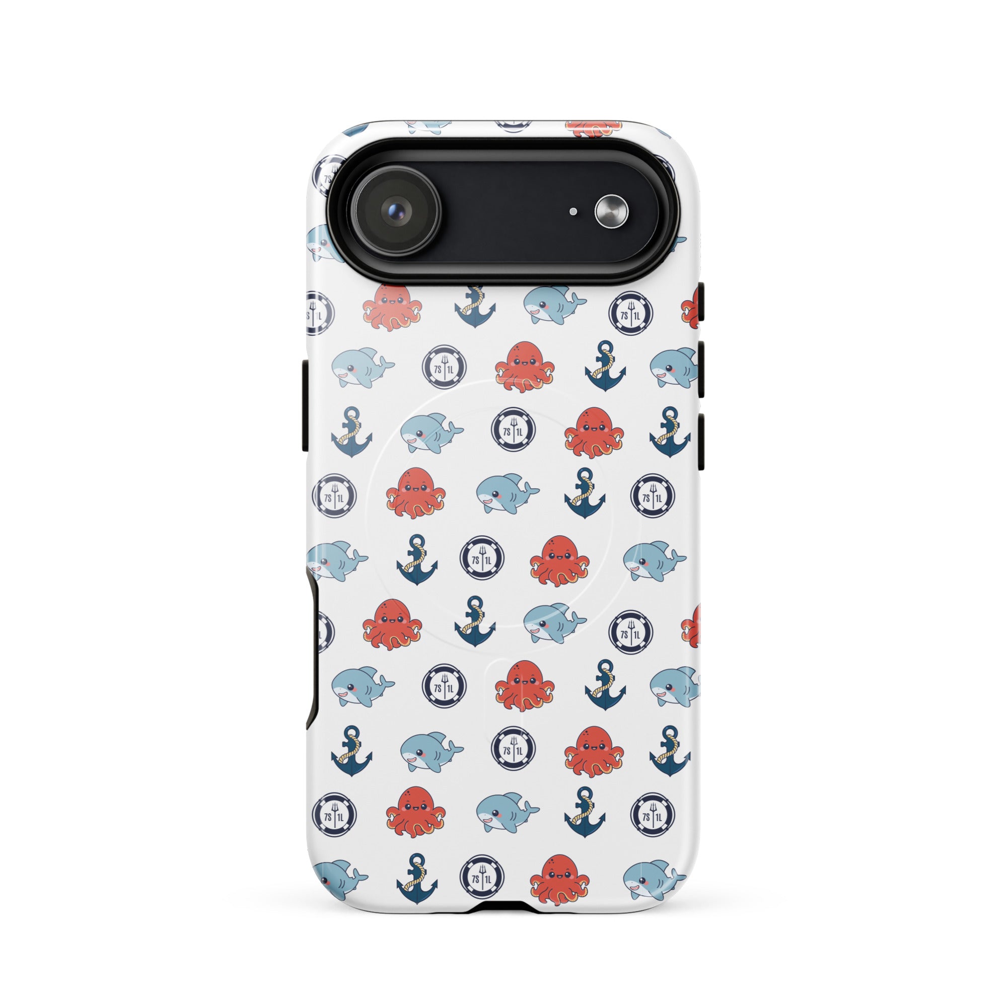 Phone case with nautical pattern featuring whales, anchors, and octopuses on a white background