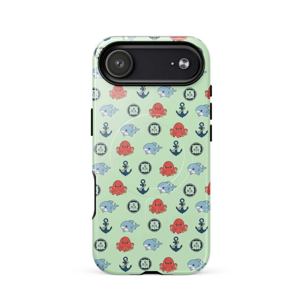Phone case with nautical pattern featuring baby octopuses, anchors, and baby shark