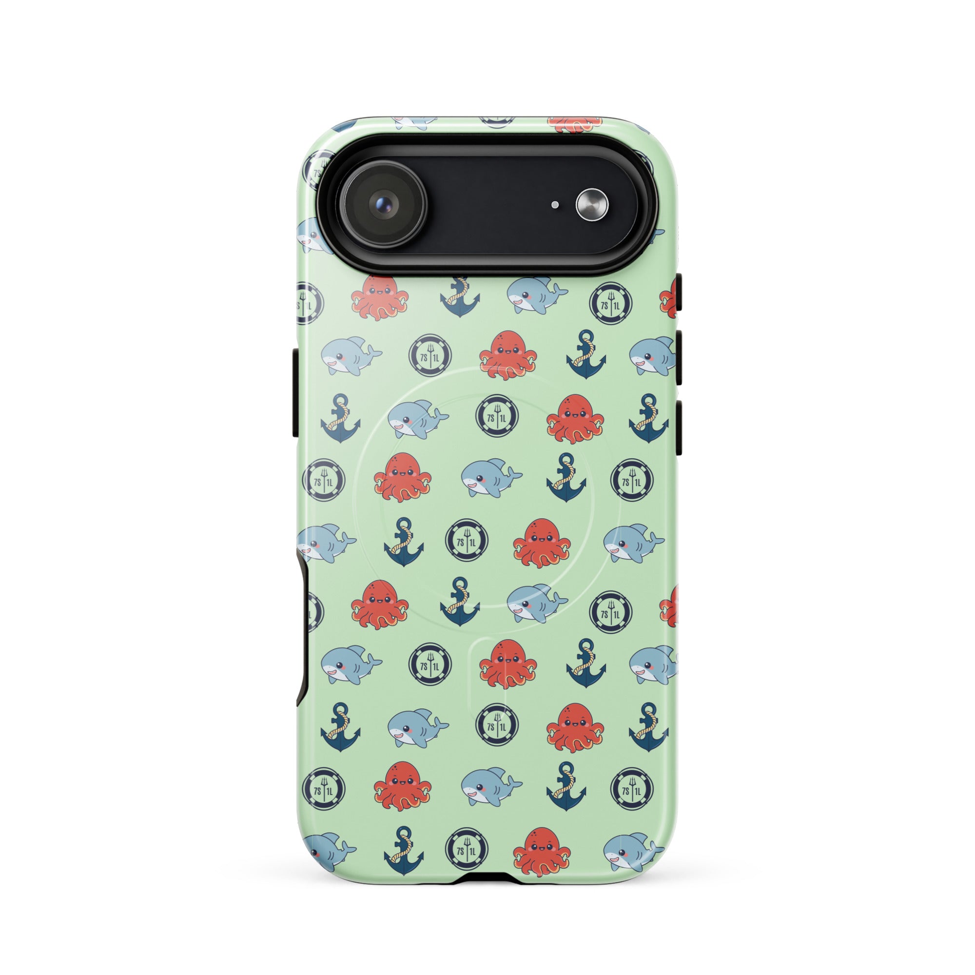 Phone case with nautical pattern featuring baby octopuses, anchors, and baby shark