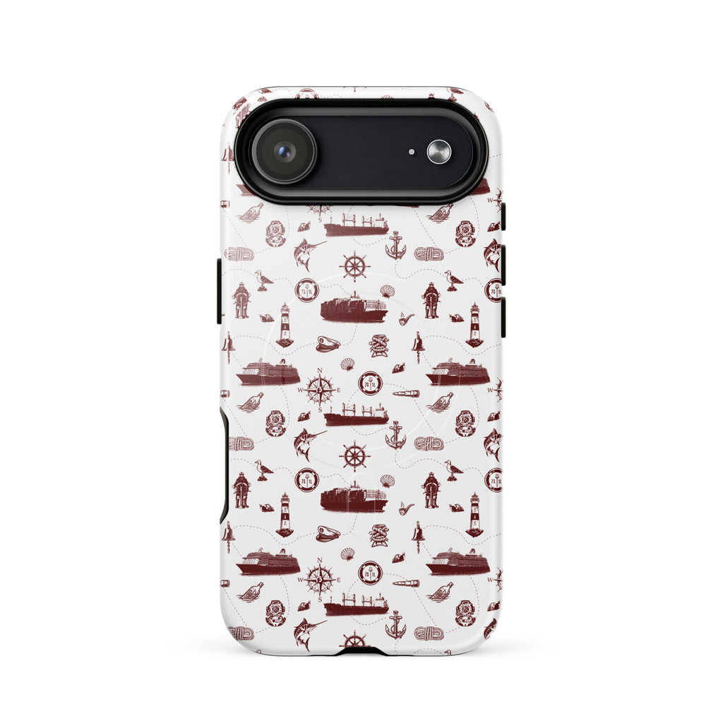 Phone case with red maritime pattern on a white background
