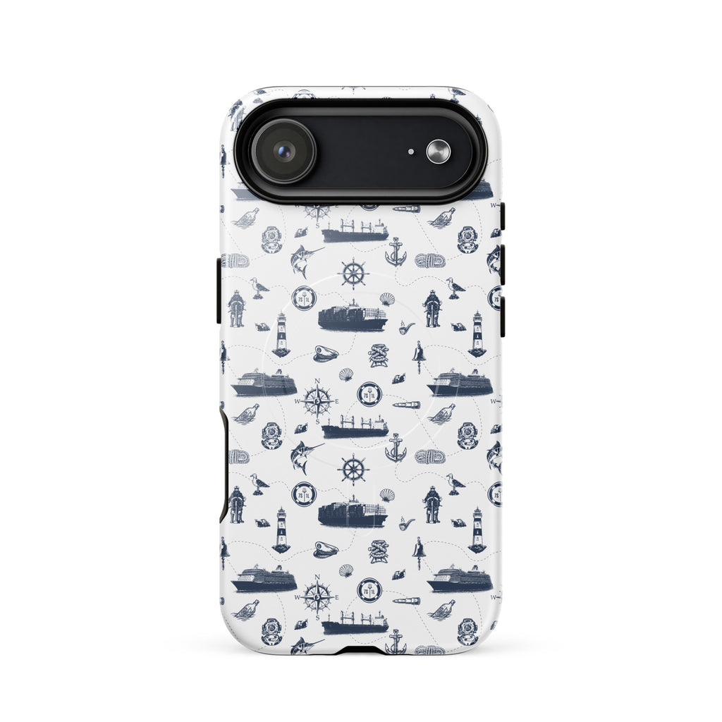 iPhone case with navy lexury nautical pattern on a white background