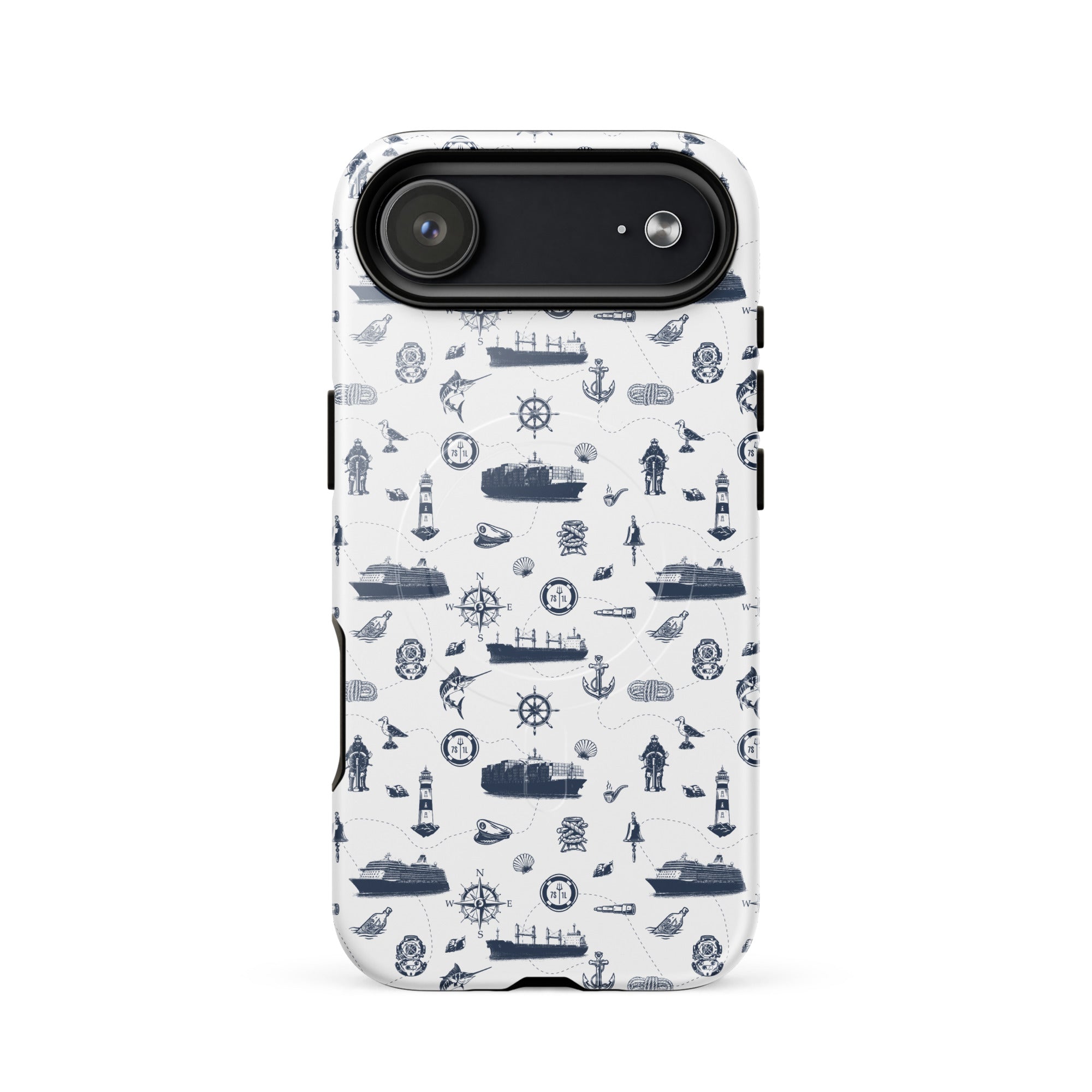 iPhone case with navy lexury nautical pattern on a white background