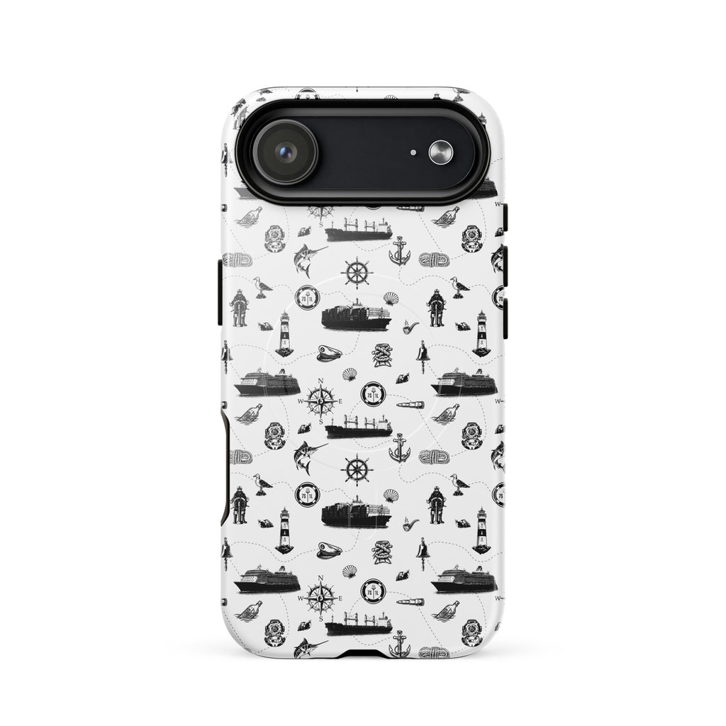 Luxury cruise iPhone case with black and white maritime pattern on a cruise ship
