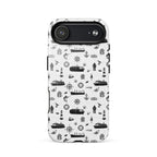 Luxury cruise iPhone case with black and white maritime pattern on a cruise ship