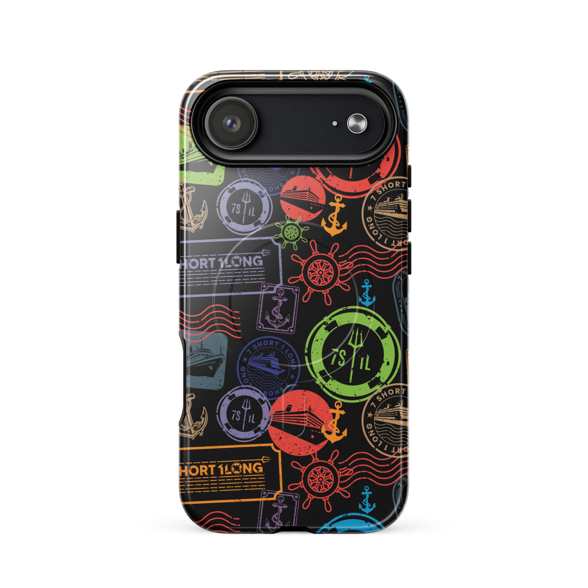 iPhone case with passport stamps and  black background