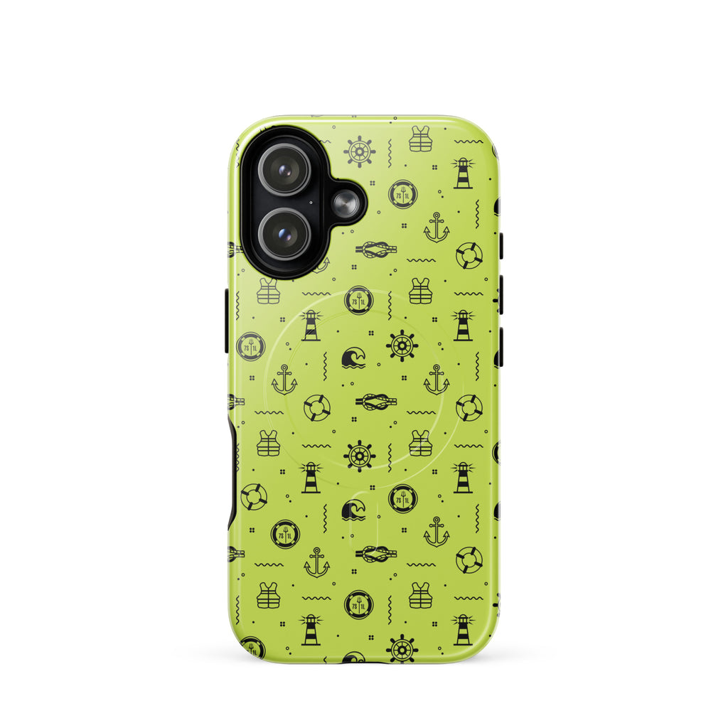 IPhone case with black pattern on a lemon green background