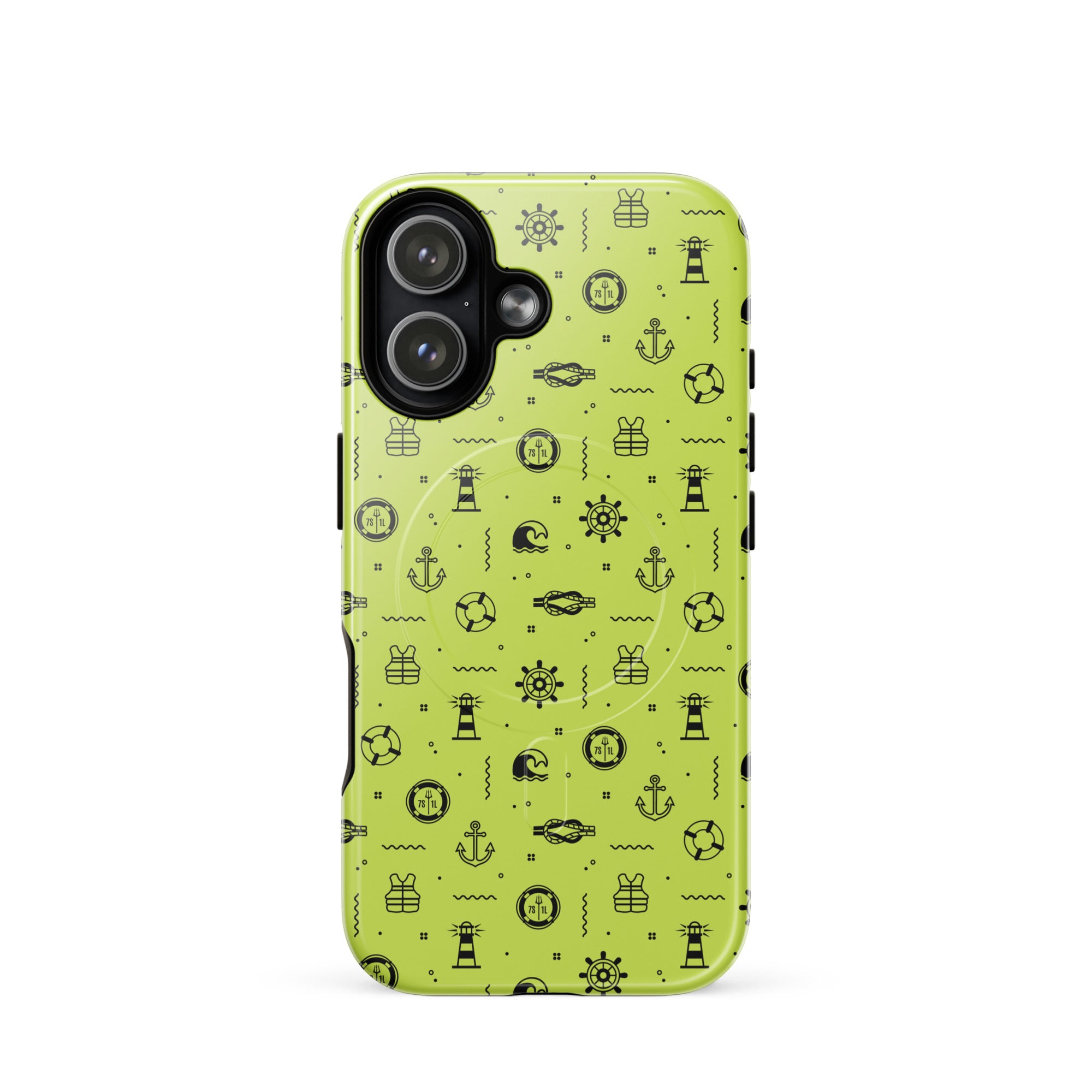 IPhone case with black pattern on a lemon green background