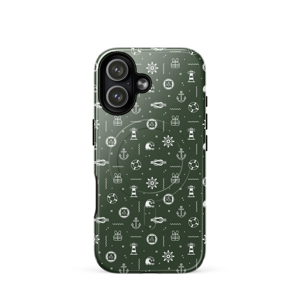 iPhone case with maritime pattern on a green background