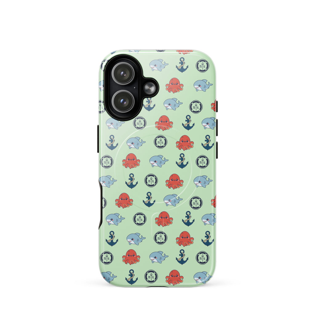 Phone case with nautical pattern featuring baby octopuses, anchors, and baby shark