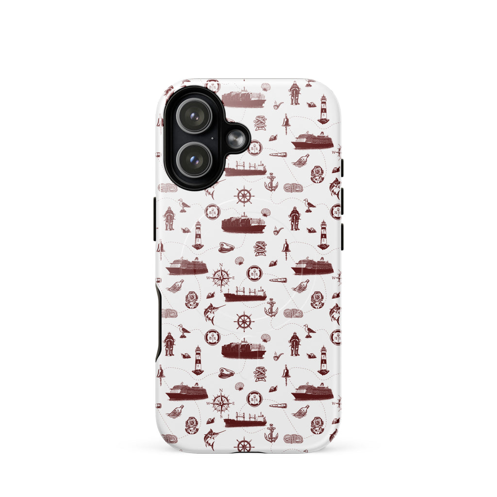 Phone case with red maritime pattern on a white background