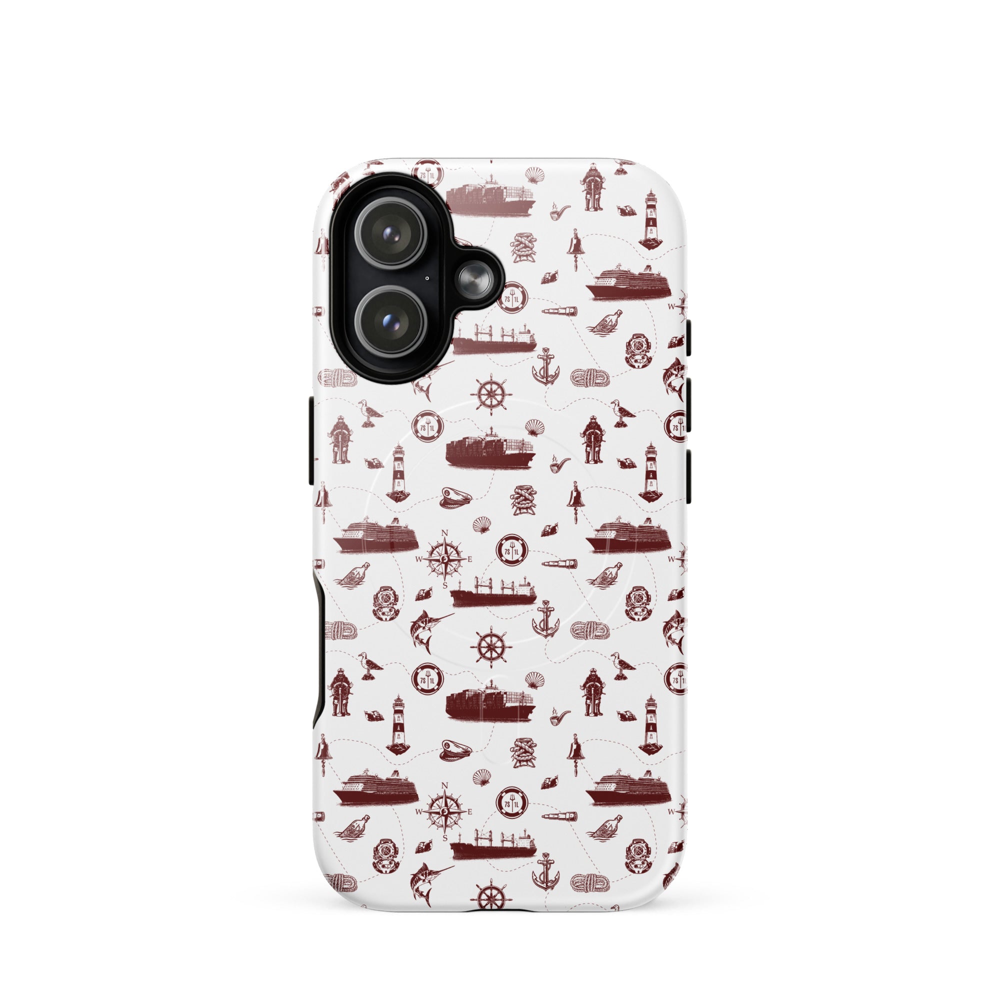 Phone case with red maritime pattern on a white background