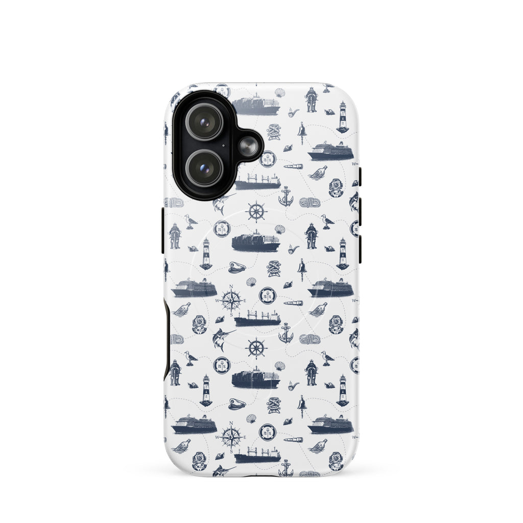 iPhone case with navy lexury nautical pattern on a white background