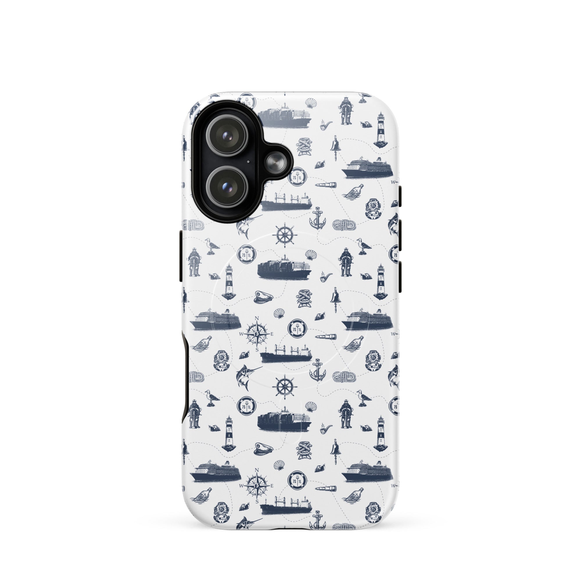 iPhone case with navy lexury nautical pattern on a white background