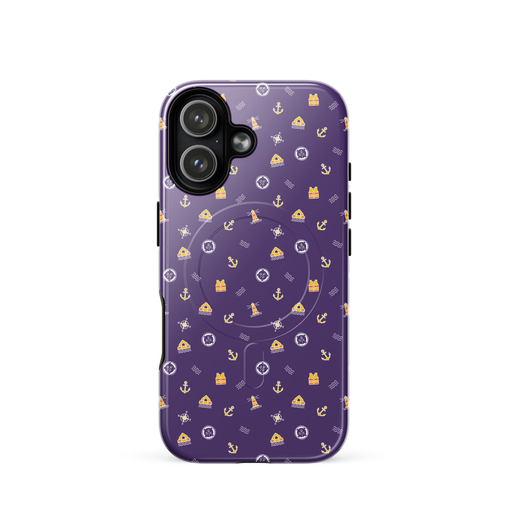 Purple phone case with a pattern of anchors and other nautical symbols on a white background