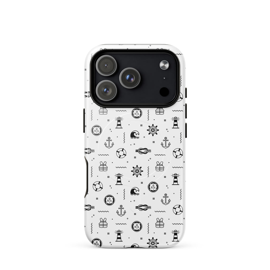 iPhone case in white with black maritime pattern