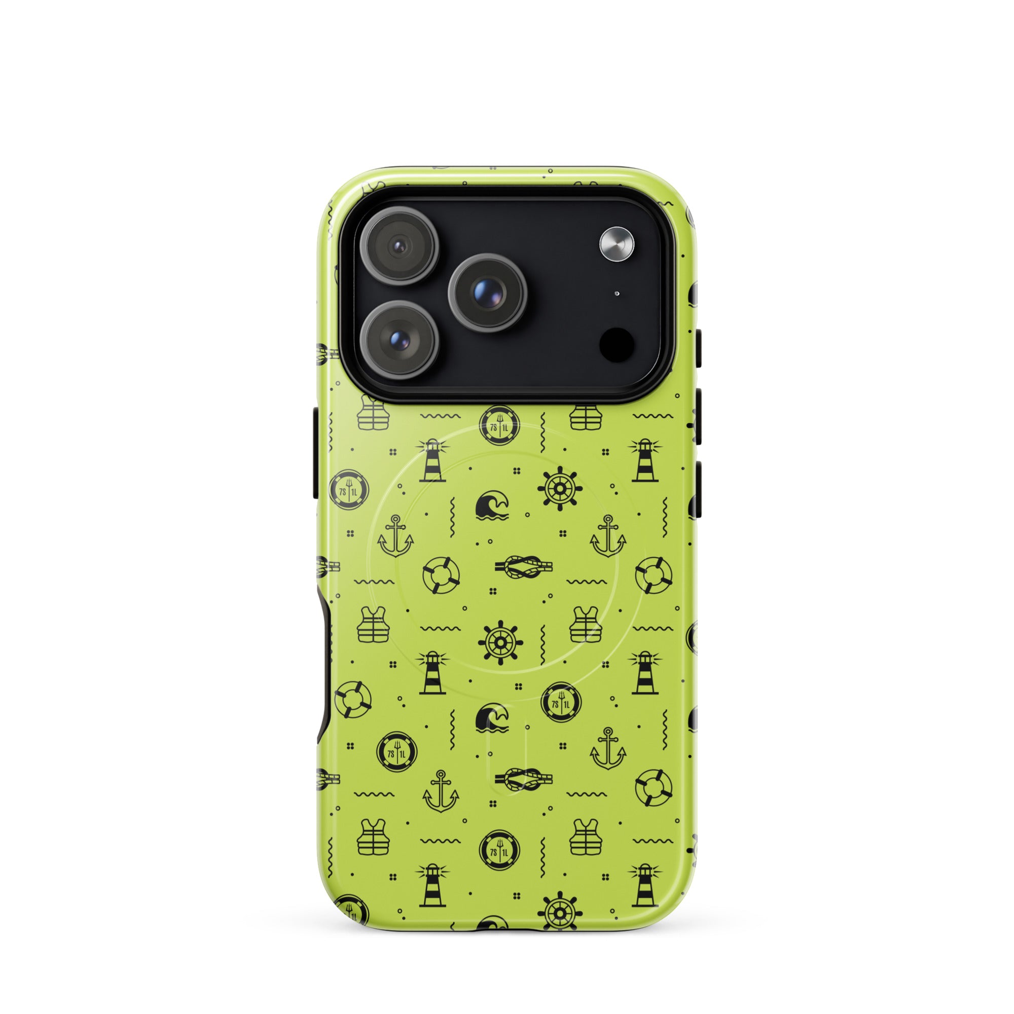IPhone case with black pattern on a lemon green background
