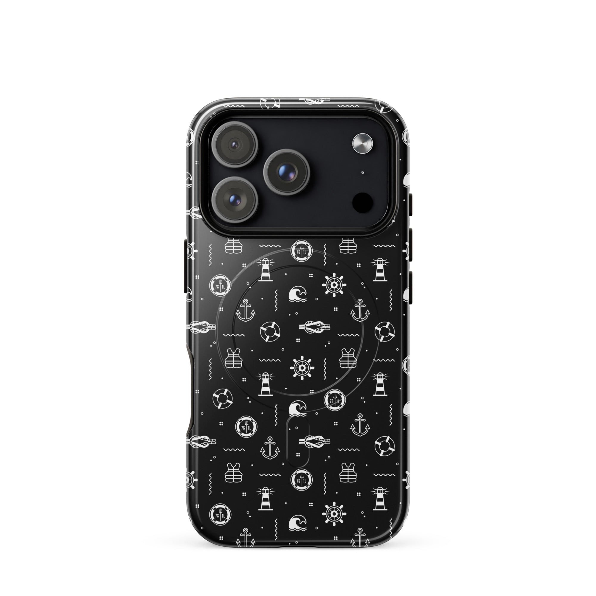 iPhone case with maritime pattern on a black background Main image