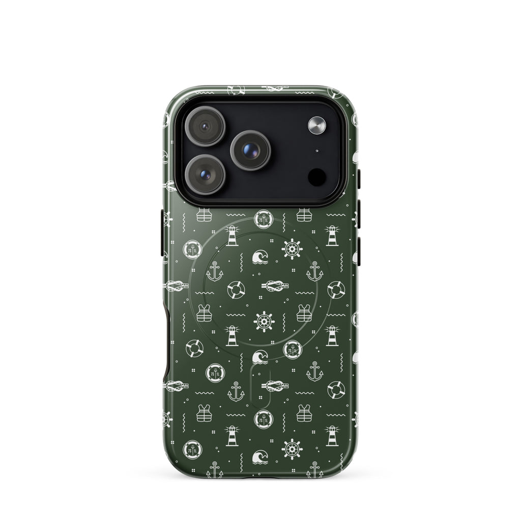 iPhone case with maritime pattern on a green background