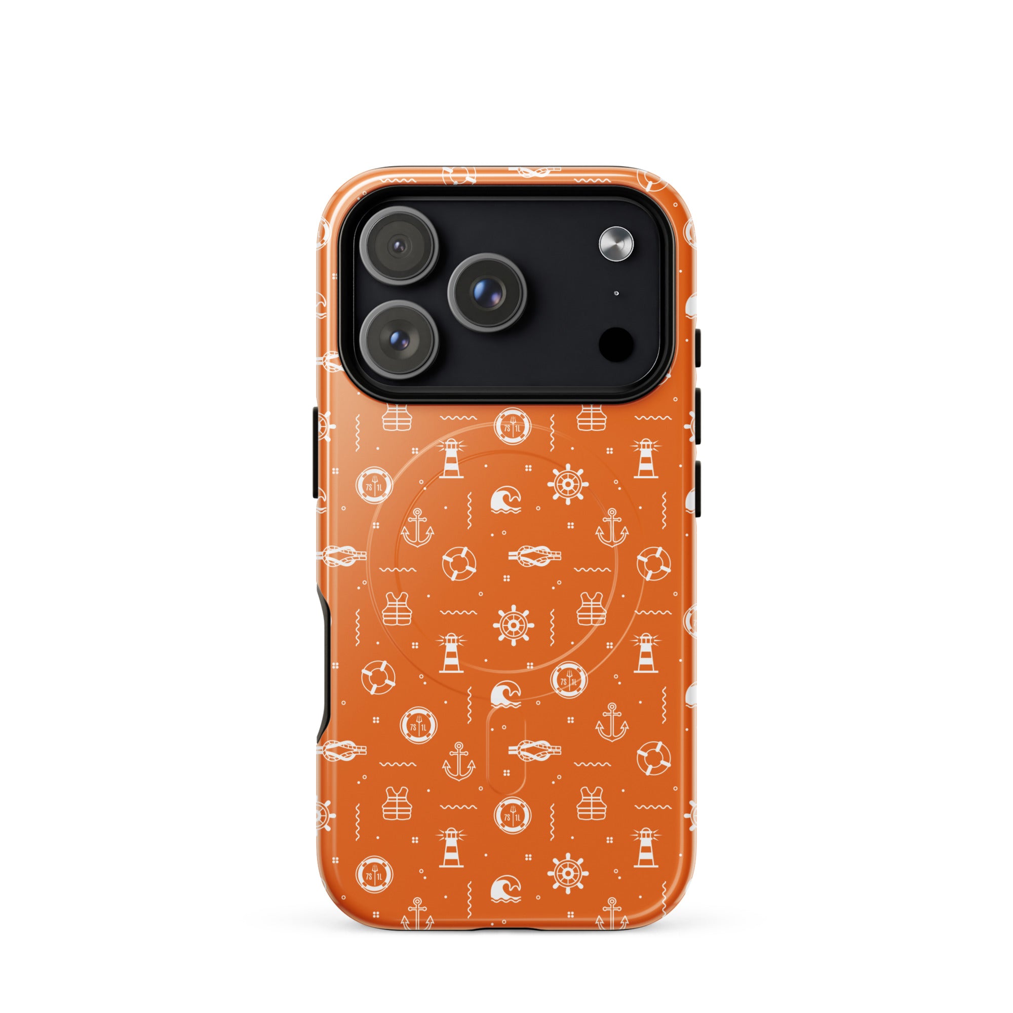 Phone case with maritime pattern on an orange background