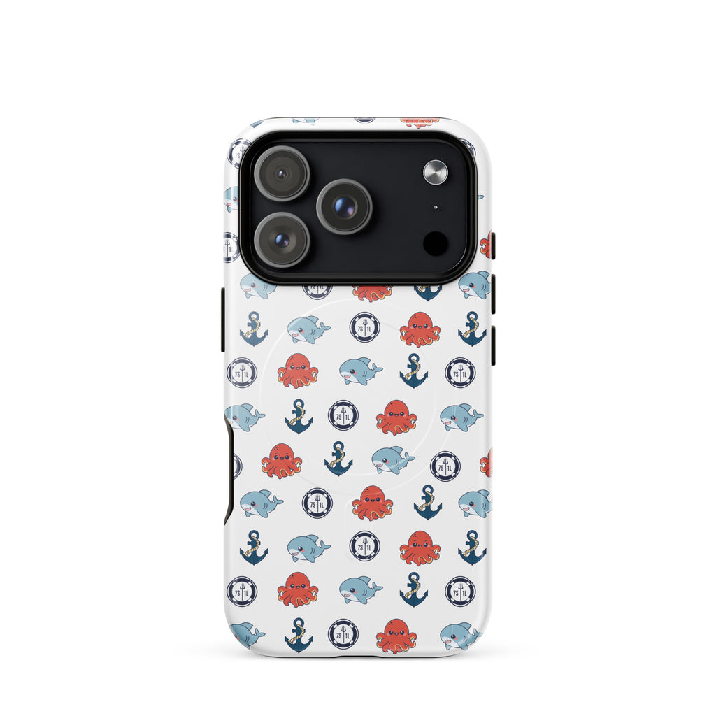 Phone case with nautical pattern featuring anchors, octopuses, and whales on a white background