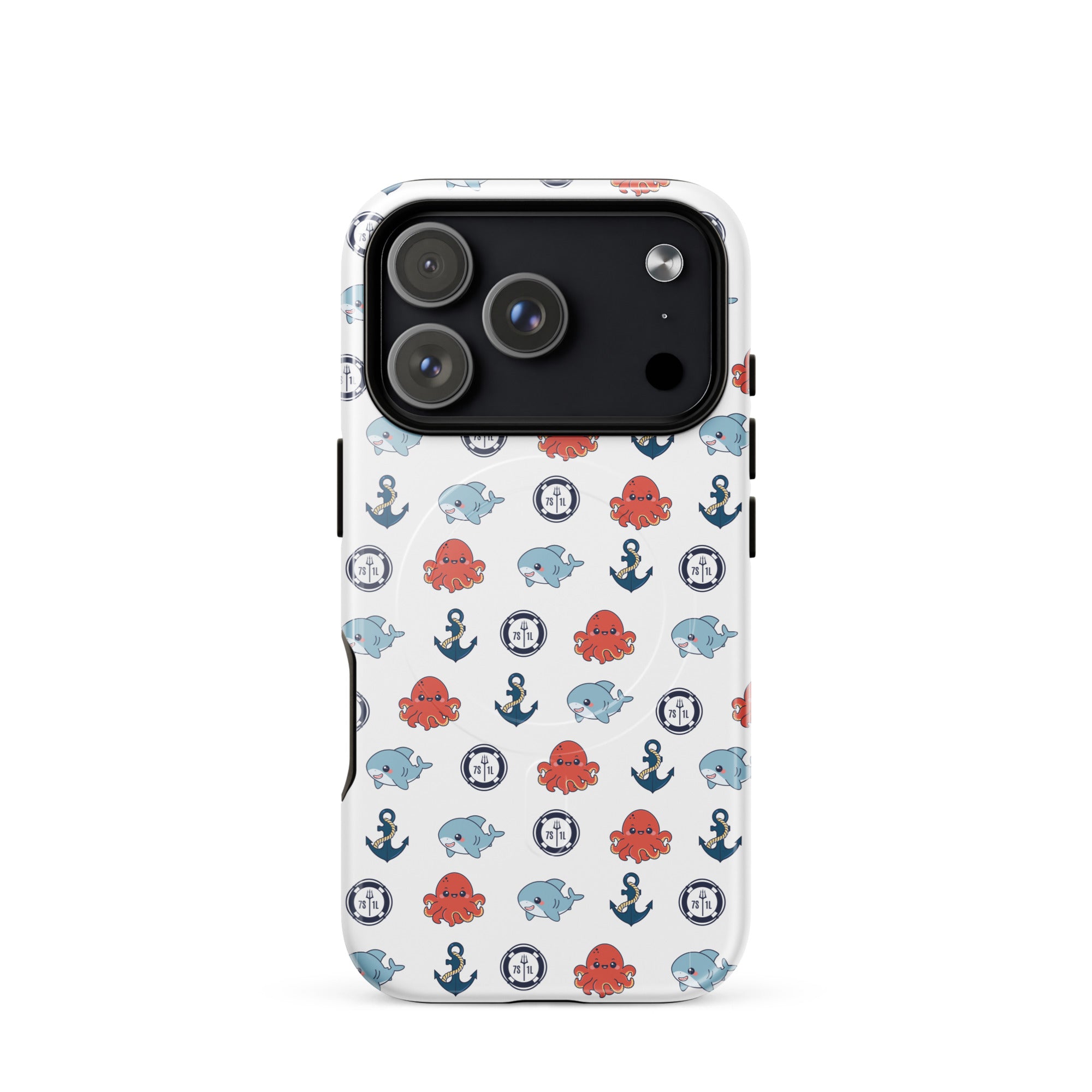 Phone case with nautical pattern featuring anchors, octopuses, and whales on a white background