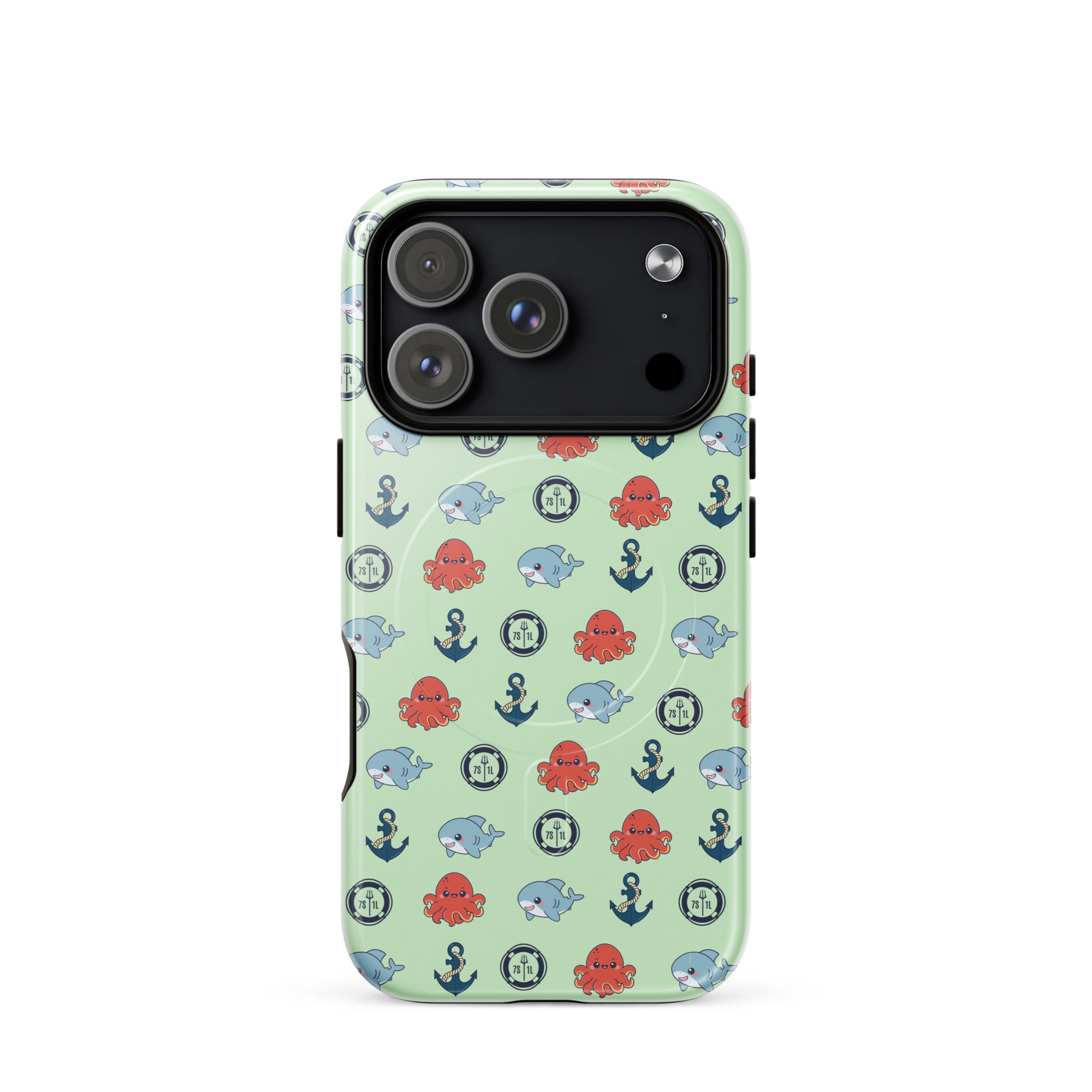 Phone case with nautical pattern featuring baby octopuses, anchors, and baby shark