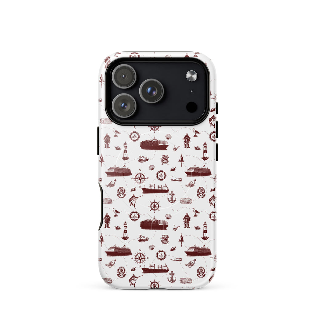 Phone case with red maritime pattern on a white background